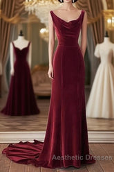 Wine Red Velvet Backless Straps Evening Prom Dresses, Wine Red Velvet Party Dresses